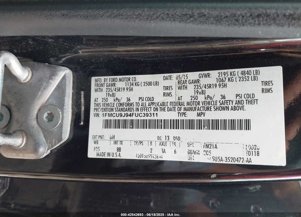 2015 FORD ESCAPE TITANIUM VIN: 1FMCU9J94FUC39311