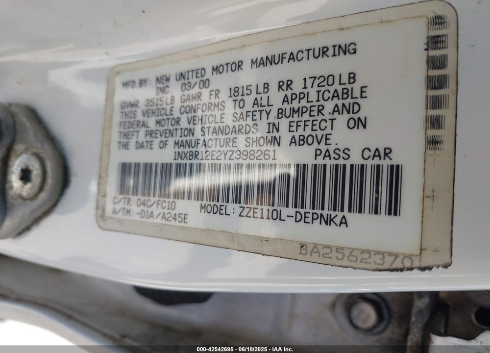 2000 TOYOTA COROLLA LE VIN: 1NXBR12E2YZ398261