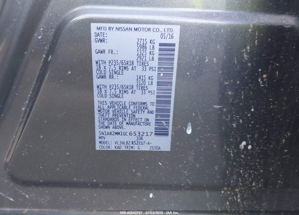 2016 NISSAN PATHFINDER VIN: 5N1AR2MM1GC653217