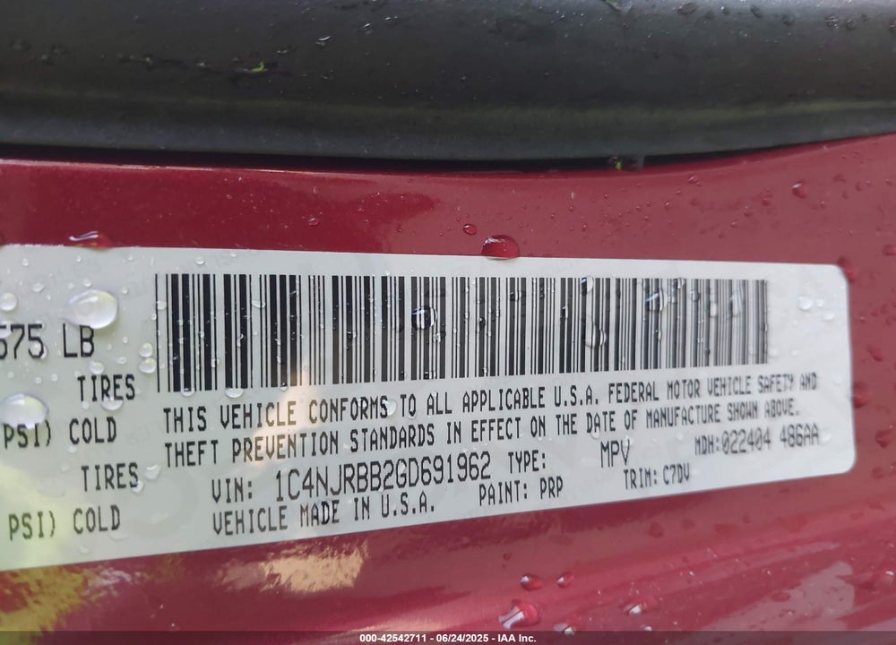2016 JEEP PATRIOT VIN: 1C4NJRBB2GD691962