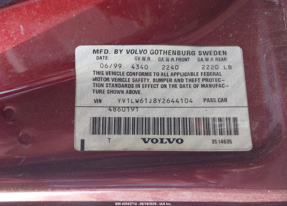 2000 VOLVO V70 VIN: YV1LW61J8Y2644104