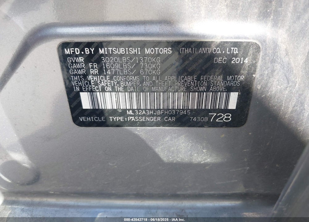 2015 MITSUBISHI MIRAGE VIN: ML32A3HJ8FH037945