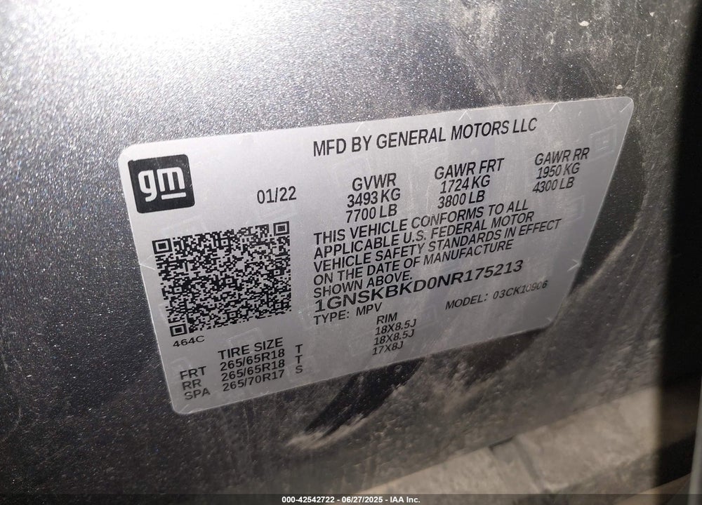2022 CHEVROLET SUBURBAN VIN: 1GNSKBKD0NR175213