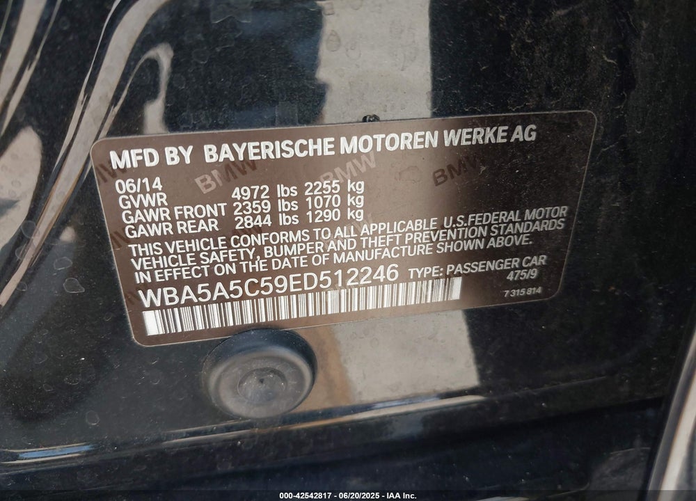 2014 BMW 5 SERIES VIN: WBA5A5C59ED512246