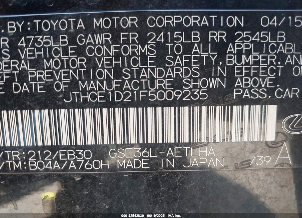 2015 LEXUS IS350 VIN: JTHCE1D21F5009235