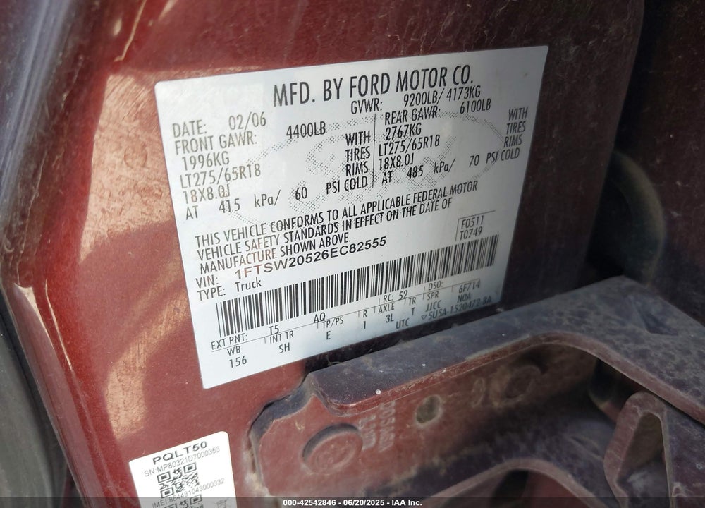2006 FORD F250 VIN: 1FTSW20526EC82555