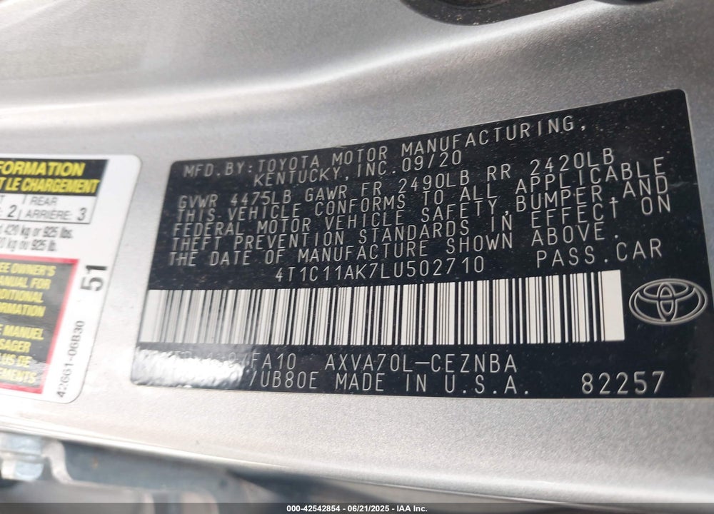 2020 TOYOTA CAMRY VIN: 4T1C11AK7LU502710