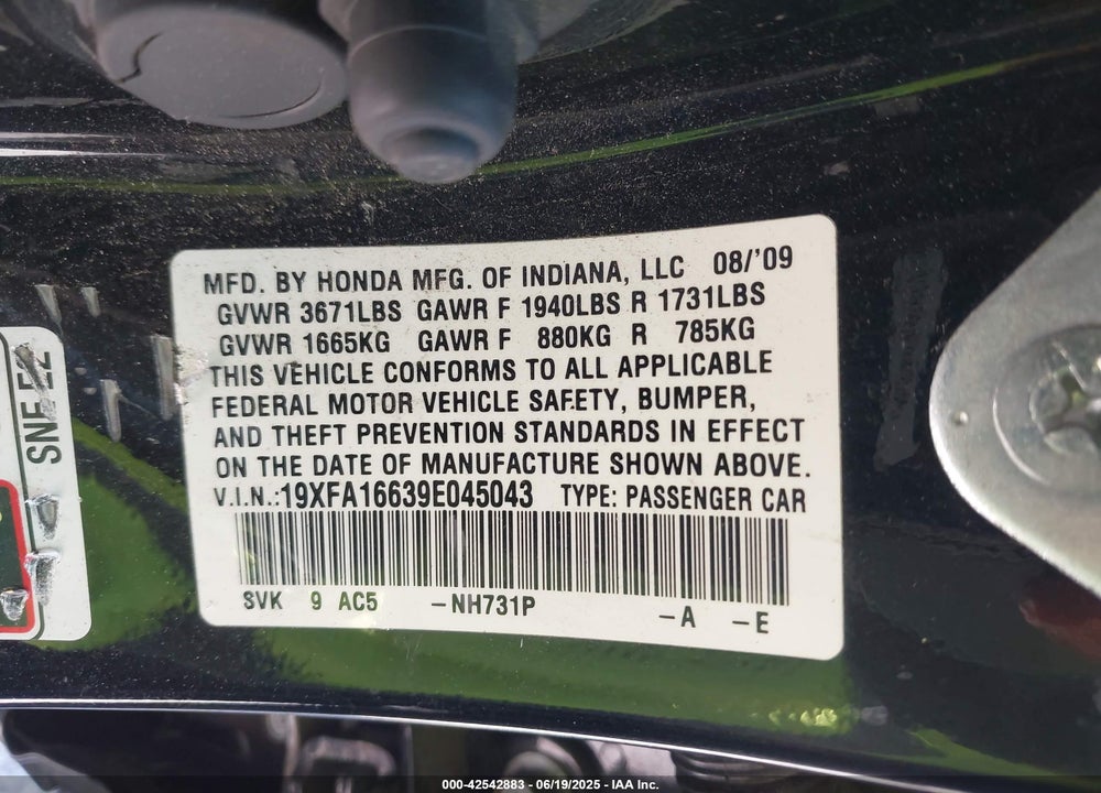 2009 HONDA CIVIC VIN: 19XFA16639E045043