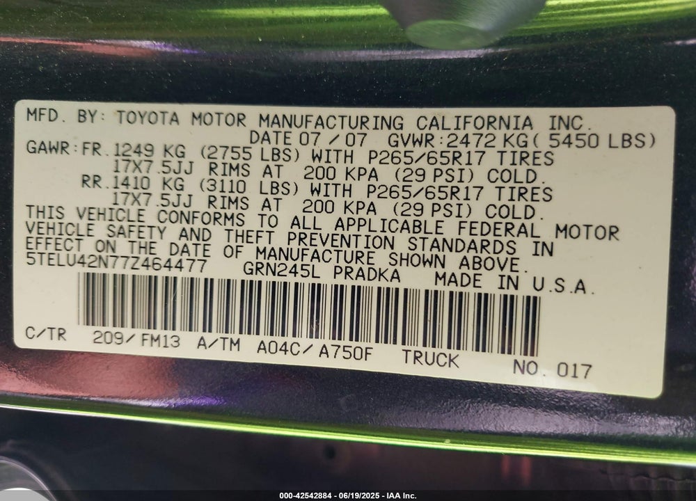 2007 TOYOTA TACOMA BASE V6 VIN: 5TELU42N77Z464477
