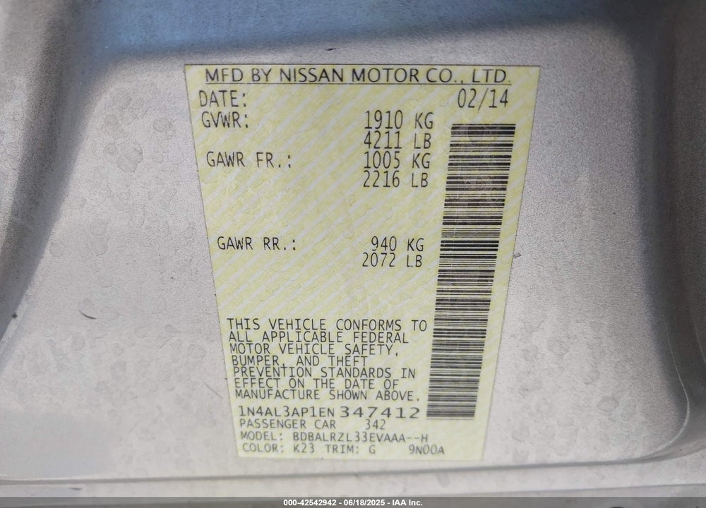 2014 NISSAN ALTIMA VIN: 1N4AL3AP1EN347412