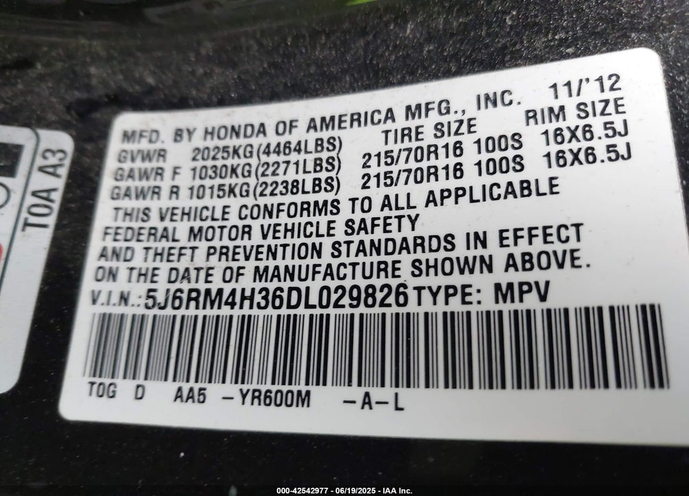 2013 HONDA CR-V VIN: 5J6RM4H36DL029826