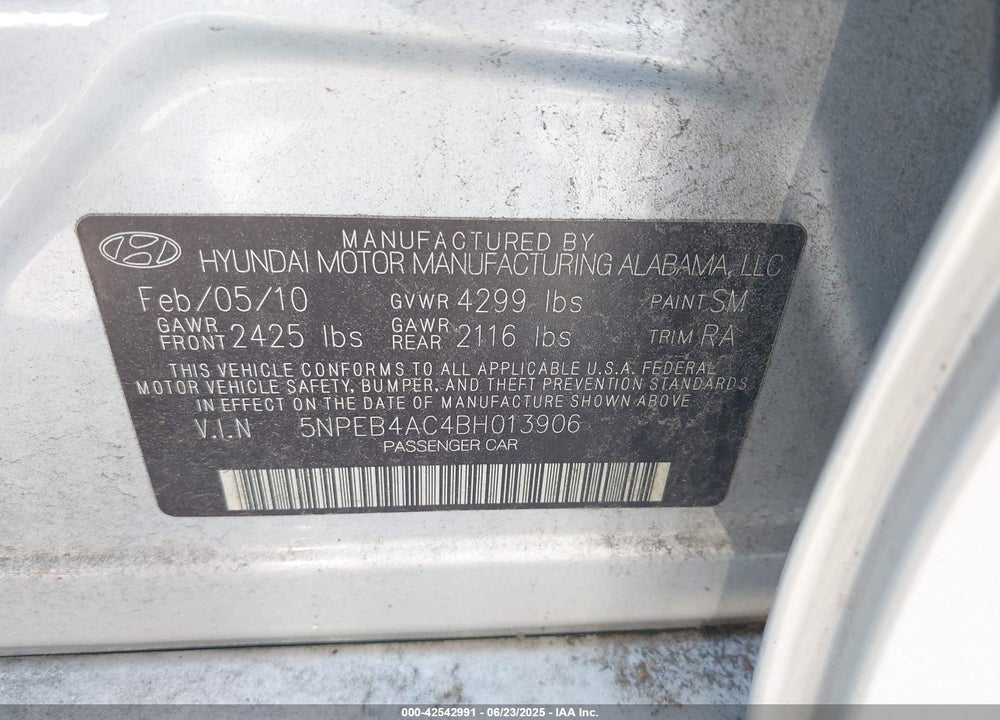 2011 HYUNDAI SONATA VIN: 5NPEB4AC4BH013906