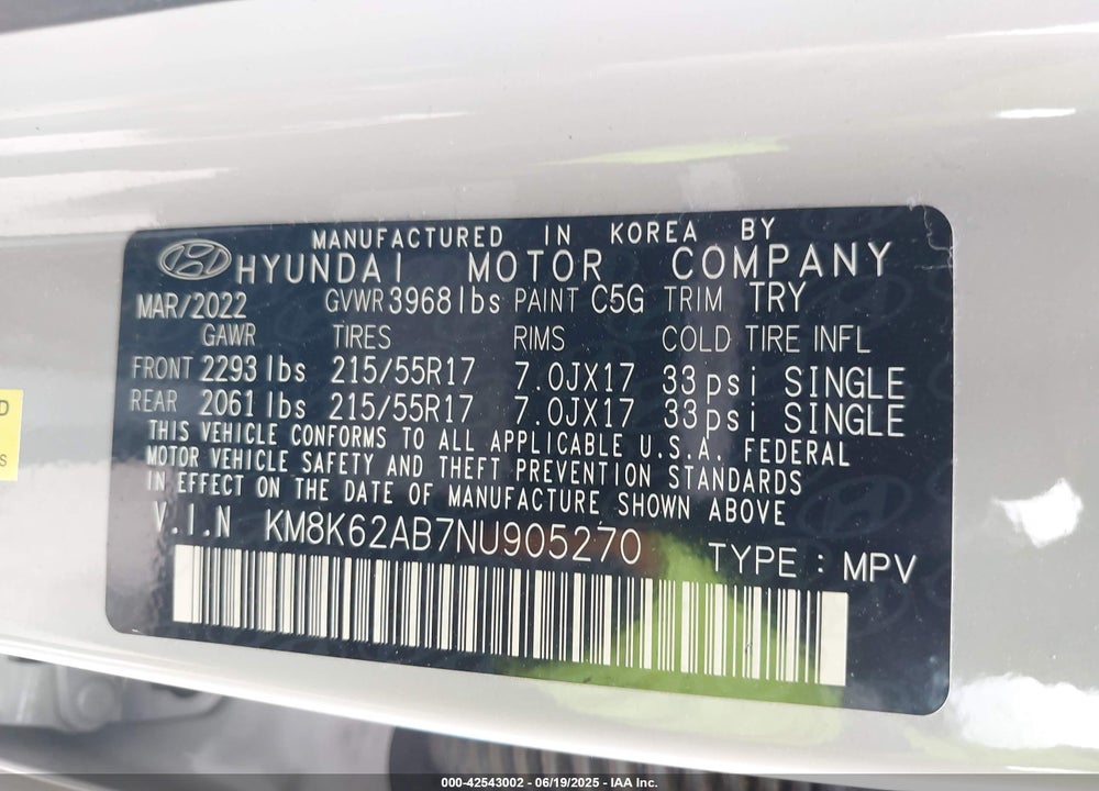 2022 HYUNDAI KONA VIN: KM8K62AB7NU905270