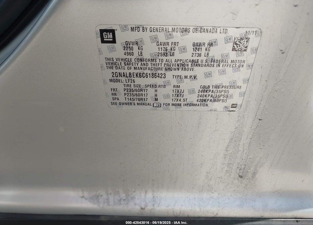 2012 CHEVROLET EQUINOX VIN: 2GNALBEK6C6186423