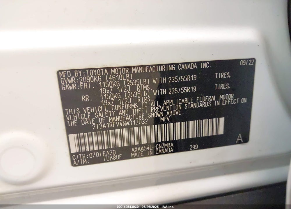 2022 TOYOTA RAV4 VIN: 2T3A1RFV4NW313032