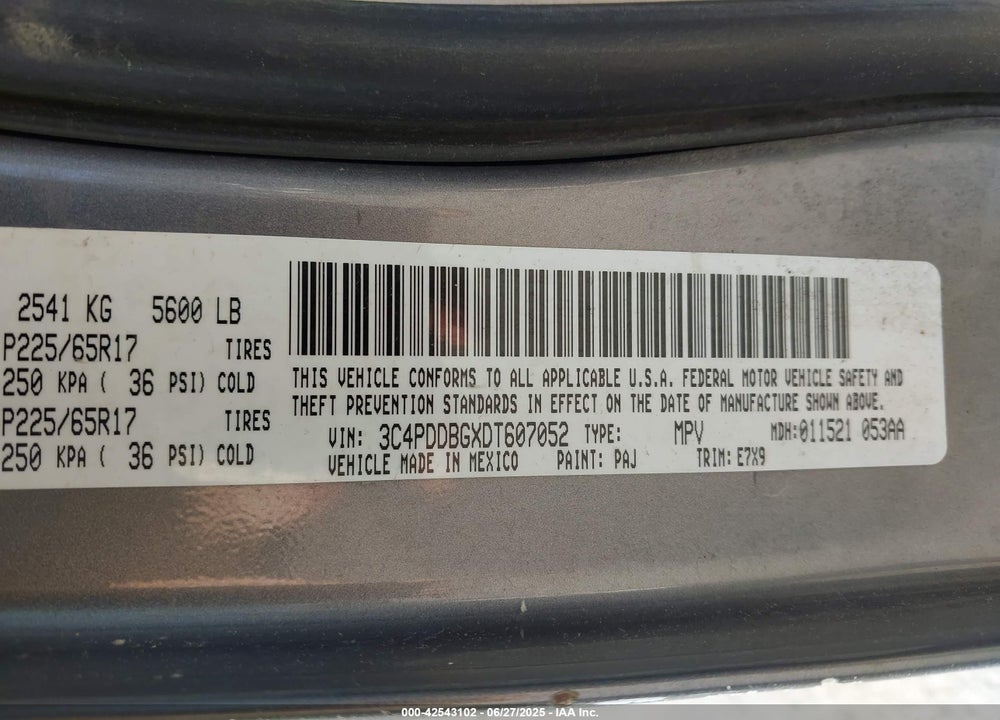2013 DODGE JOURNEY VIN: 3C4PDDBGXDT607052