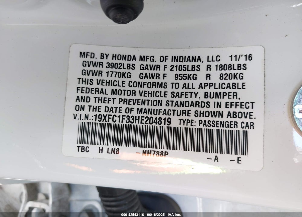 2017 HONDA CIVIC VIN: 19XFC1F33HE204819