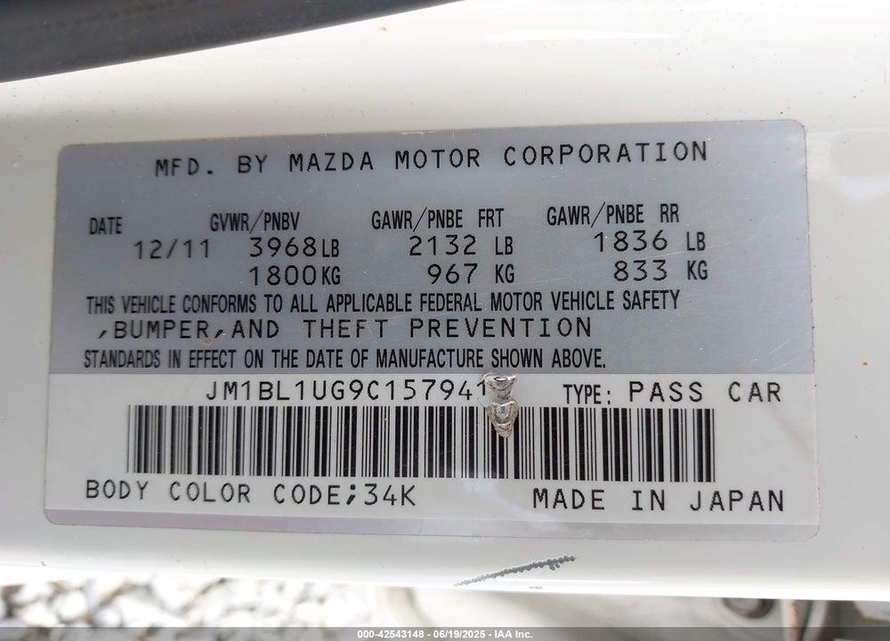 2012 MAZDA 3 VIN: JM1BL1UG9C1579419