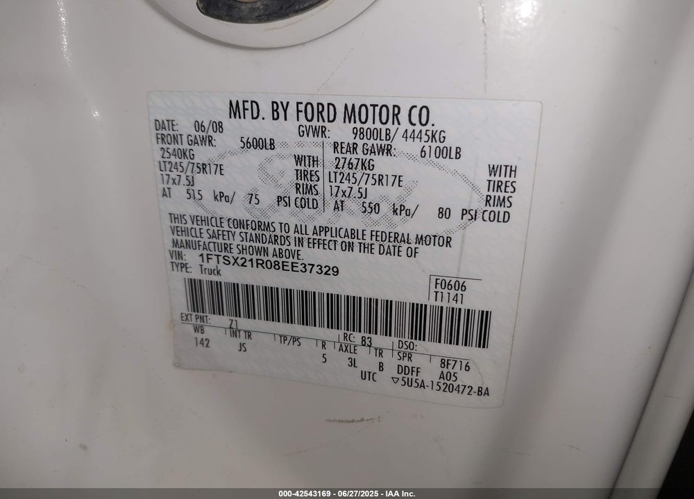 2008 FORD F-250 FX4/LARIAT/XL/XLT VIN: 1FTSX21R08EE37329