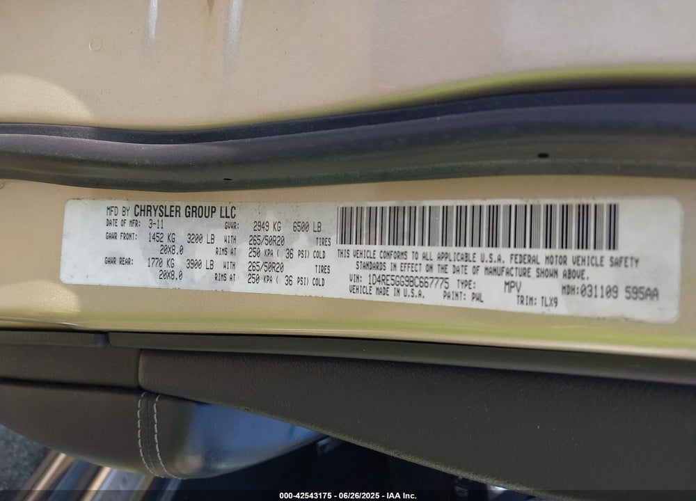 2011 DODGE DURANGO VIN: 1D4RE5GG9BC667775