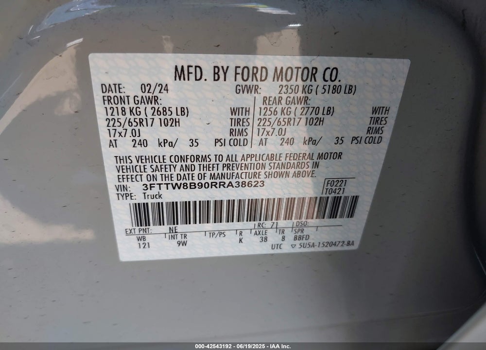 2024 FORD MAVERICK VIN: 3FTTW8B90RRA38623