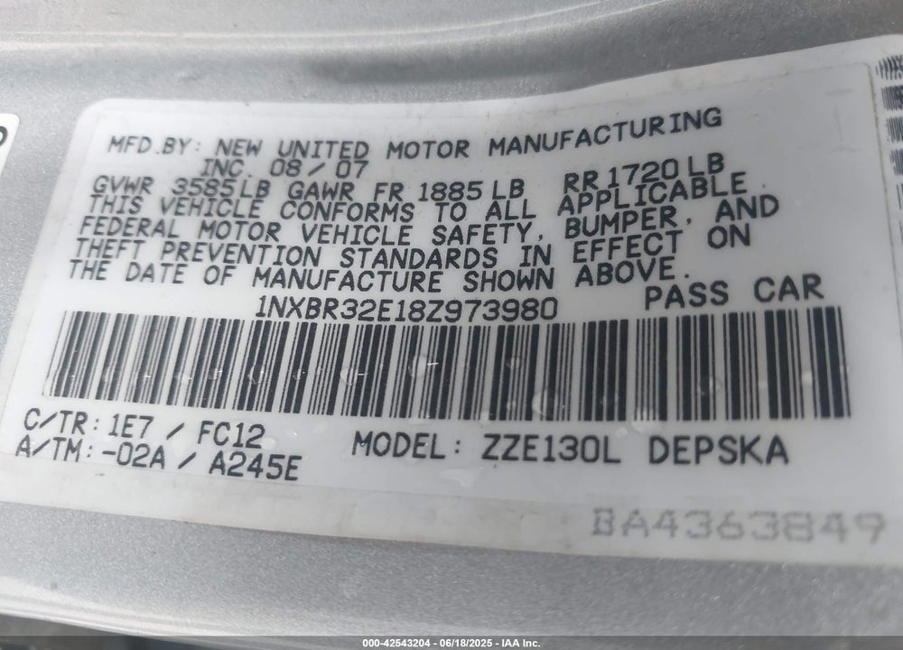 2008 TOYOTA COROLLA S VIN: 1NXBR32E18Z973980