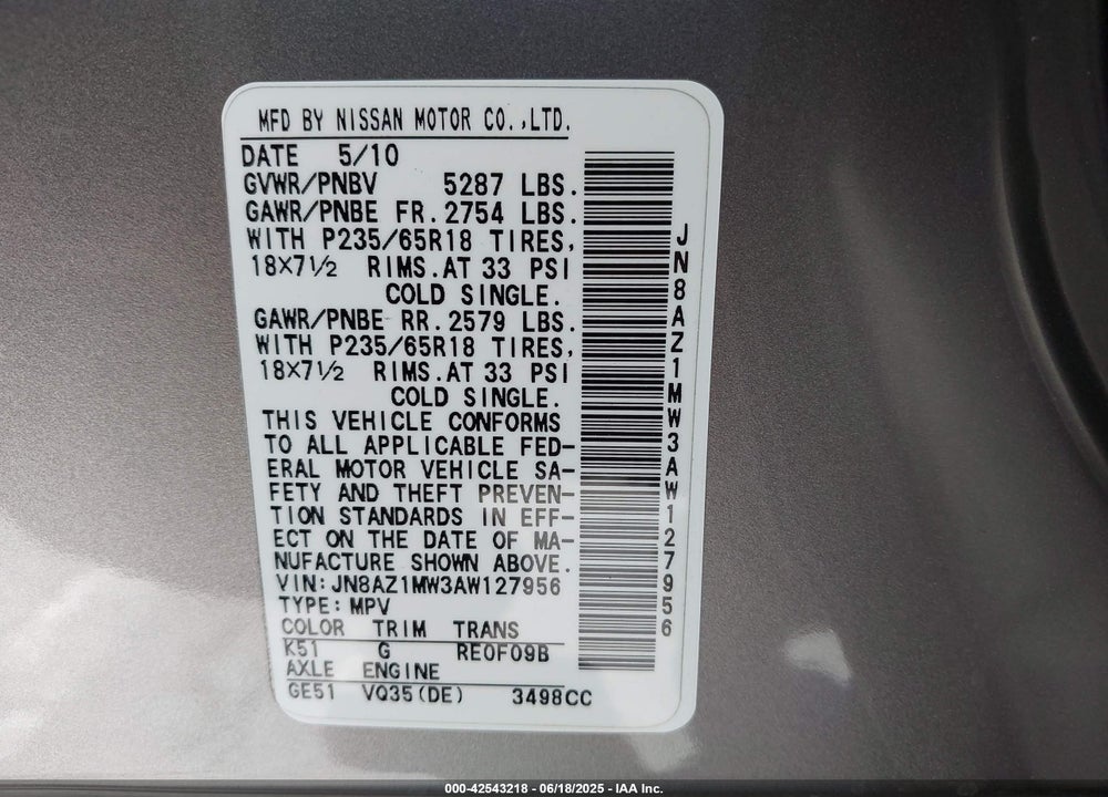 2010 NISSAN MURANO SL VIN: JN8AZ1MW3AW127956