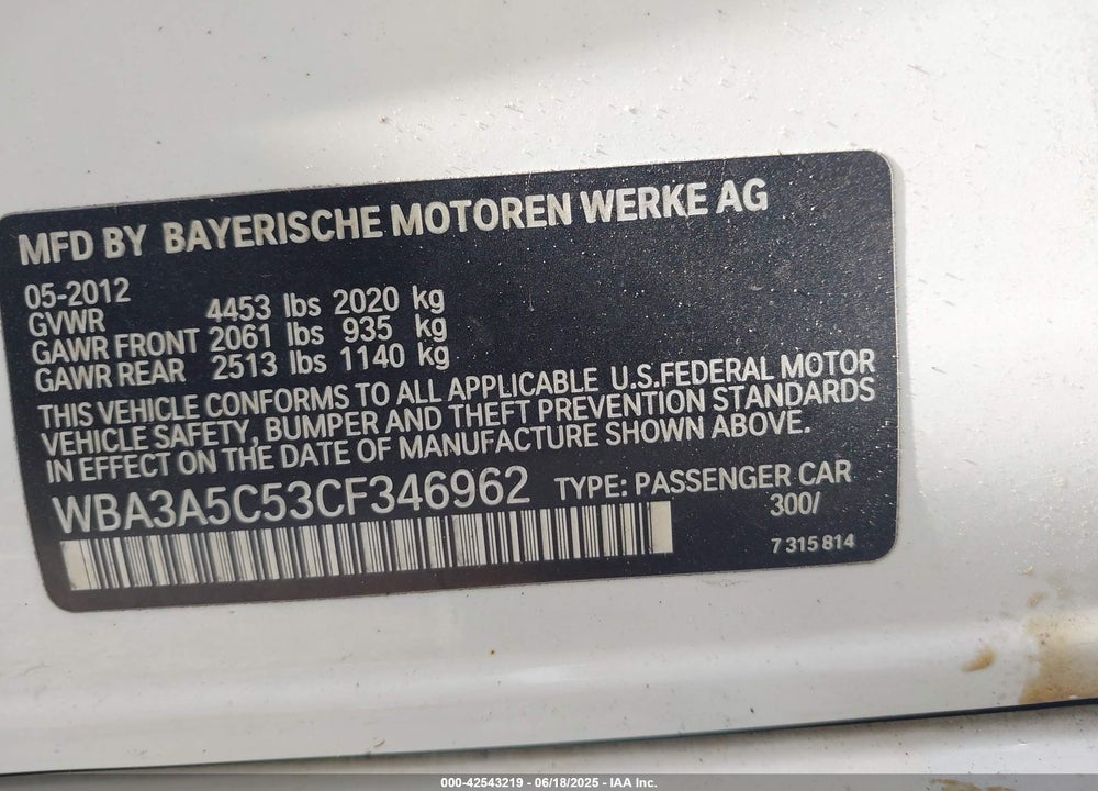 2012 BMW 328I VIN: WBA3A5C53CF346962