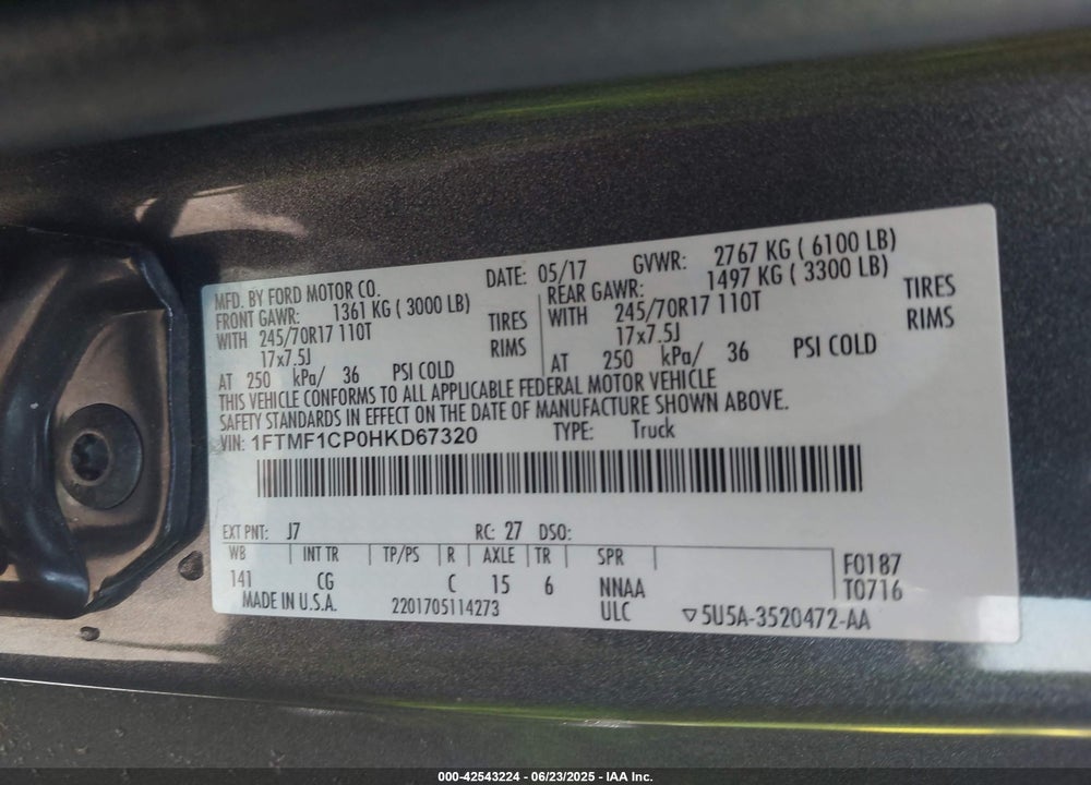 2017 FORD F-150 VIN: 1FTMF1CP0HKD67320