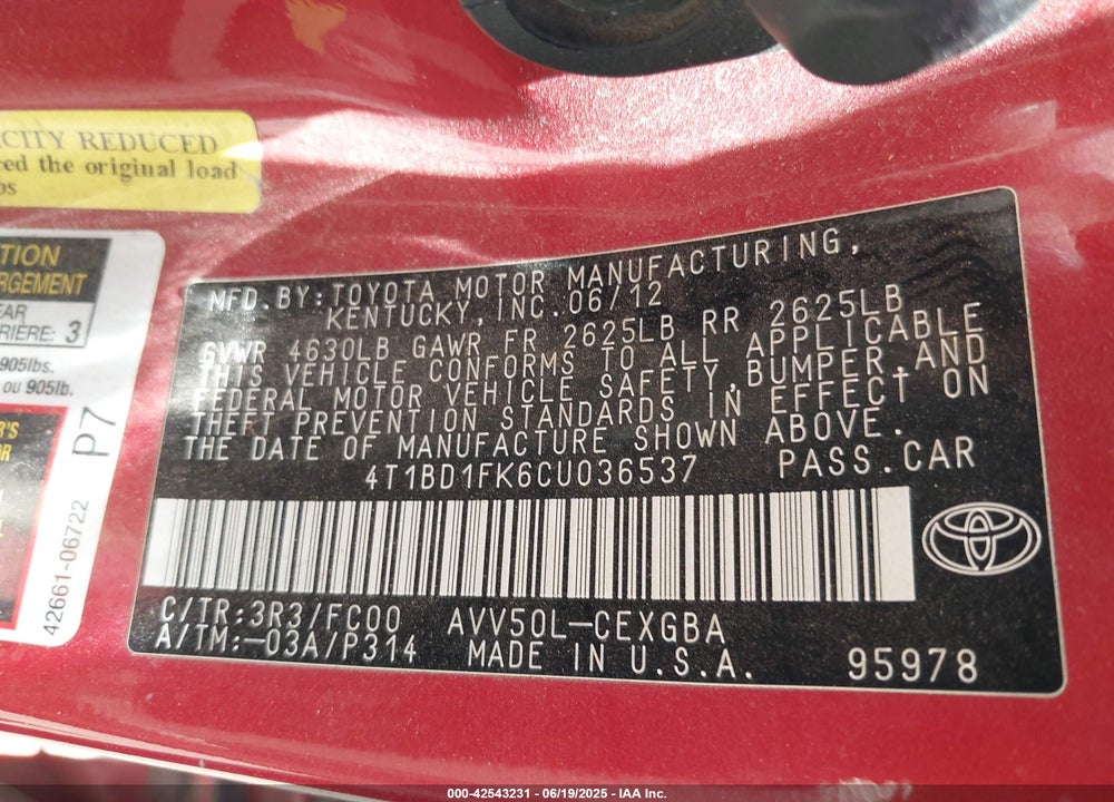 2012 TOYOTA CAMRY HYBRID VIN: 4T1BD1FK6CU036537