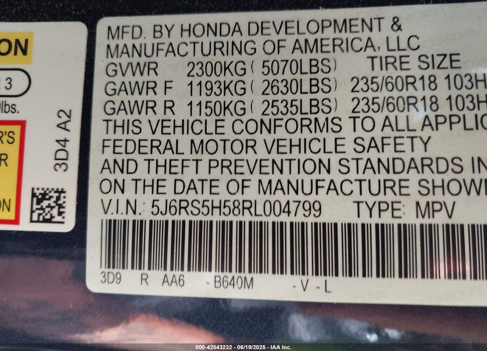 2024 HONDA CR-V HYBRID SPORT VIN: 5J6RS5H58RL004799