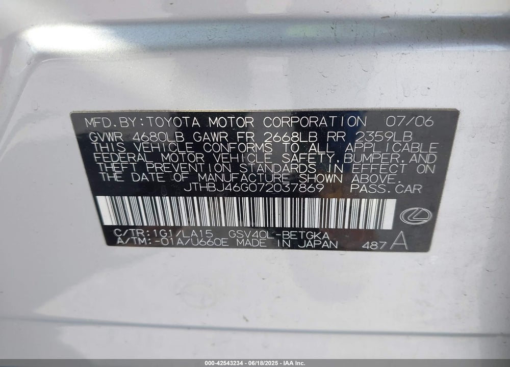 2007 LEXUS ES 350 VIN: JTHBJ46G072037869