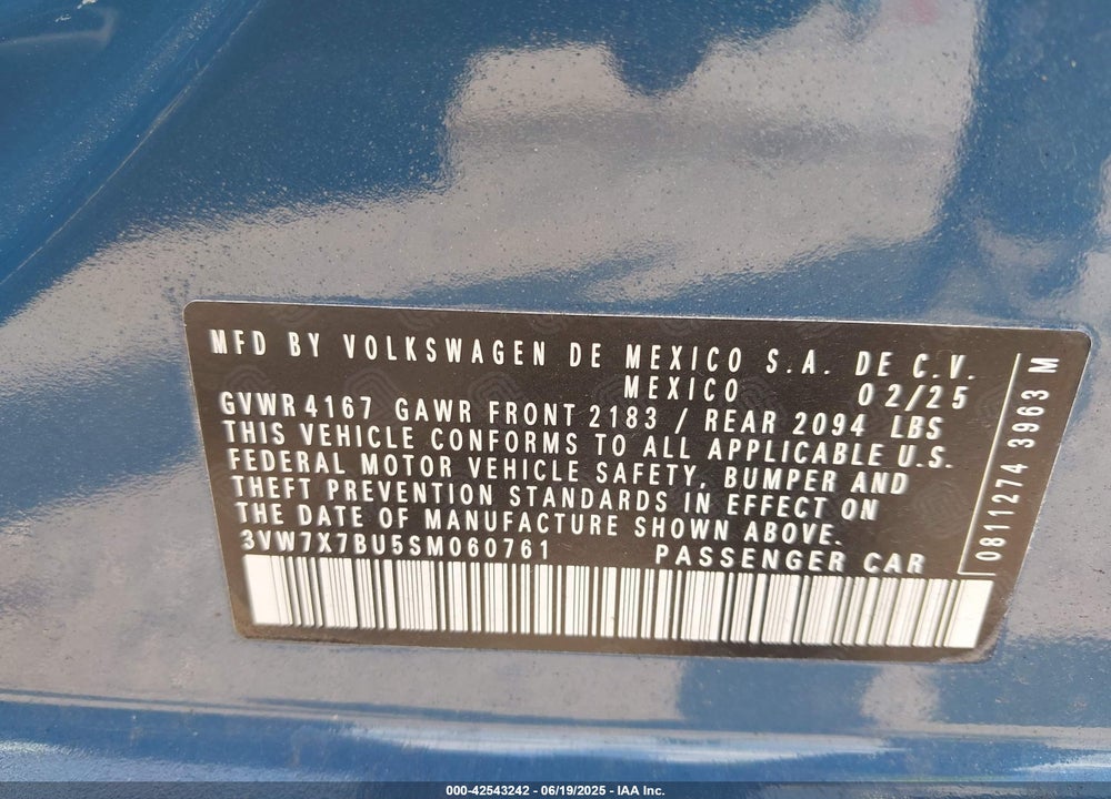 2025 VOLKSWAGEN JETTA VIN: 3VW7X7BU5SM060761