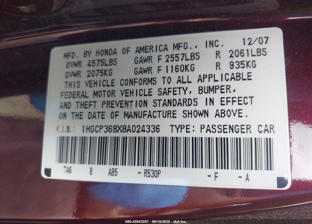 2008 HONDA ACCORD VIN: 1HGCP368X8A024336