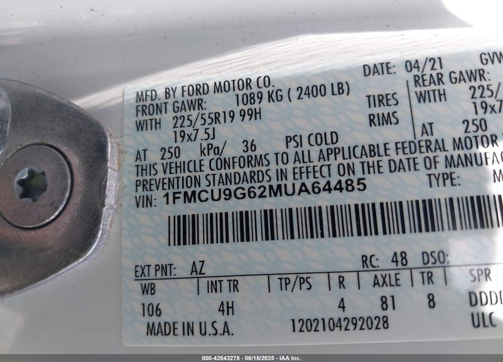 2021 FORD ESCAPE SE VIN: 1FMCU9G62MUA64485