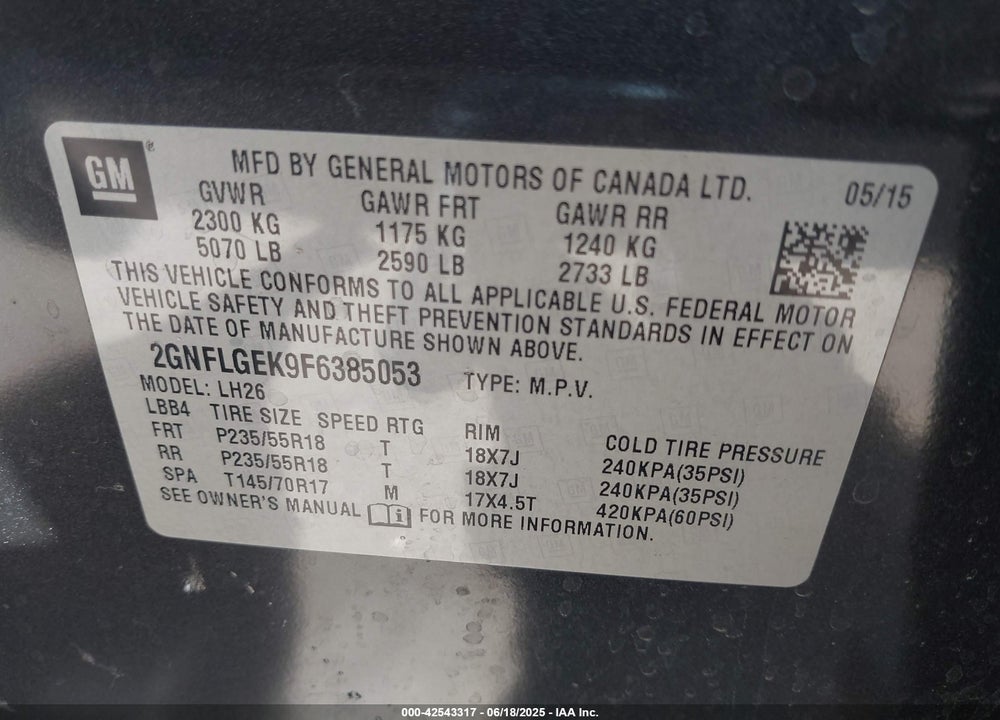 2015 CHEVROLET EQUINOX VIN: 2GNFLGEK9F6385053