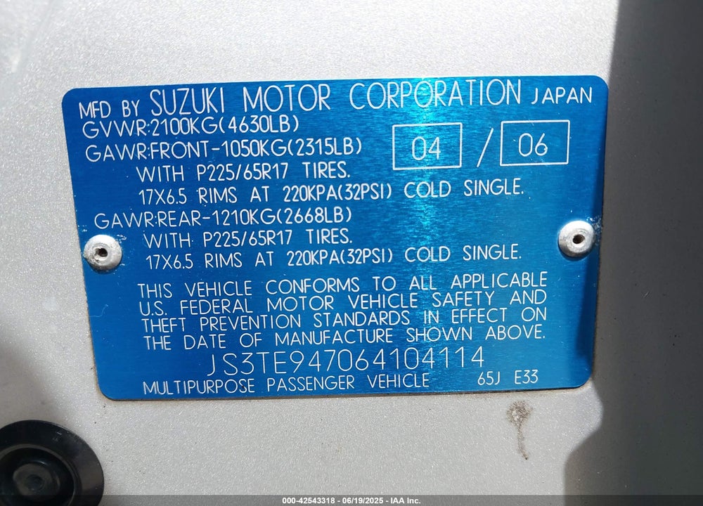 2006 SUZUKI GRAND VITARA VIN: JS3TE947064104114