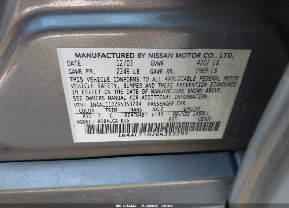 2006 NISSAN ALTIMA VIN: 1N4AL11D26N353294