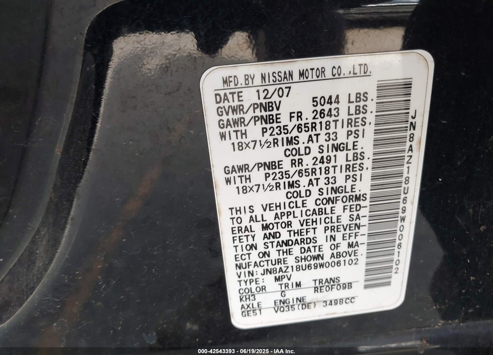 2009 NISSAN MURANO VIN: JN8AZ18U69W006102