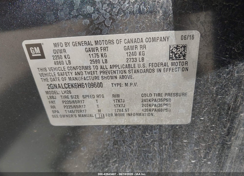 2017 CHEVROLET EQUINOX VIN: 2GNALCEK6H6109600