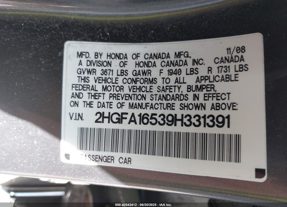 2009 HONDA CIVIC VIN: 2HGFA16539H331391
