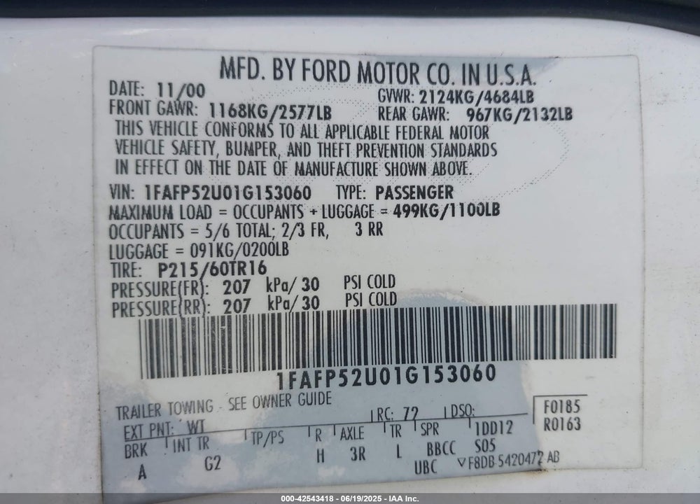2001 FORD TAURUS LX VIN: 1FAFP52U01G153060