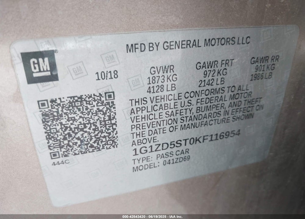 2019 CHEVROLET MALIBU VIN: 1G1ZD5ST0KF116954