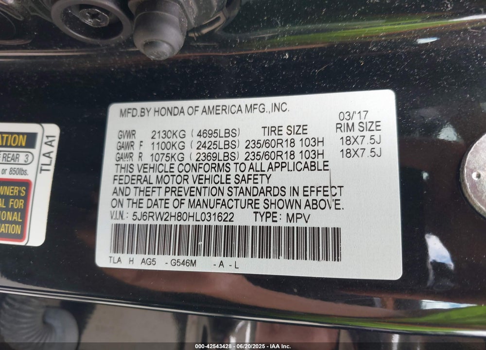 2017 HONDA CR-V VIN: 5J6RW2H80HL031622