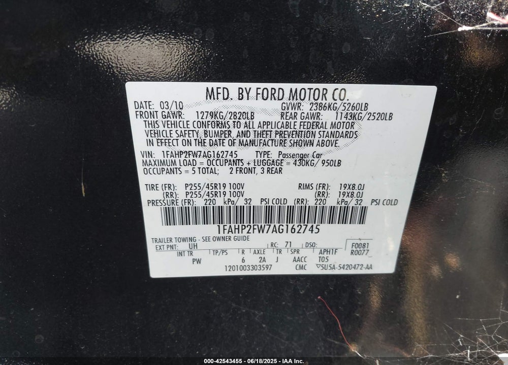 2010 FORD TAURUS VIN: 1FAHP2FW7AG162745