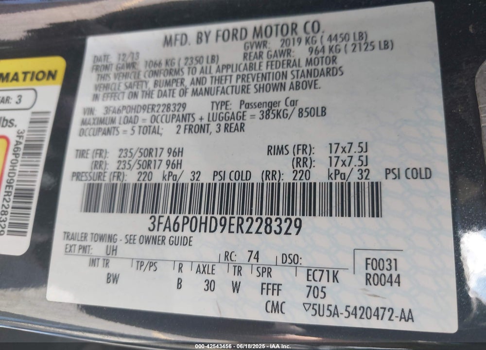 2014 FORD FUSION VIN: 3FA6P0HD9ER228329