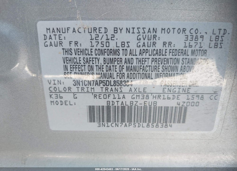 2013 NISSAN VERSA VIN: 3N1CN7AP5DL858384
