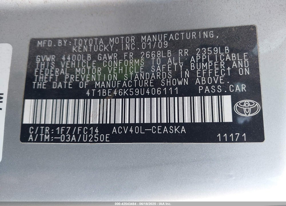 2009 TOYOTA CAMRY VIN: 4T1BE46K59U406111