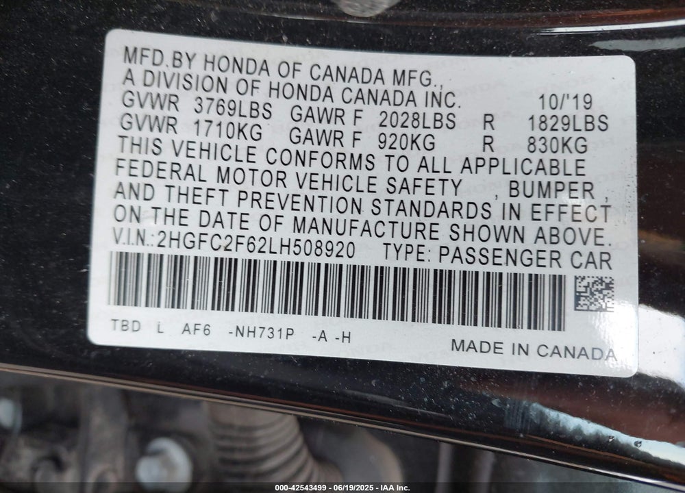 2020 HONDA CIVIC VIN: 2HGFC2F62LH508920