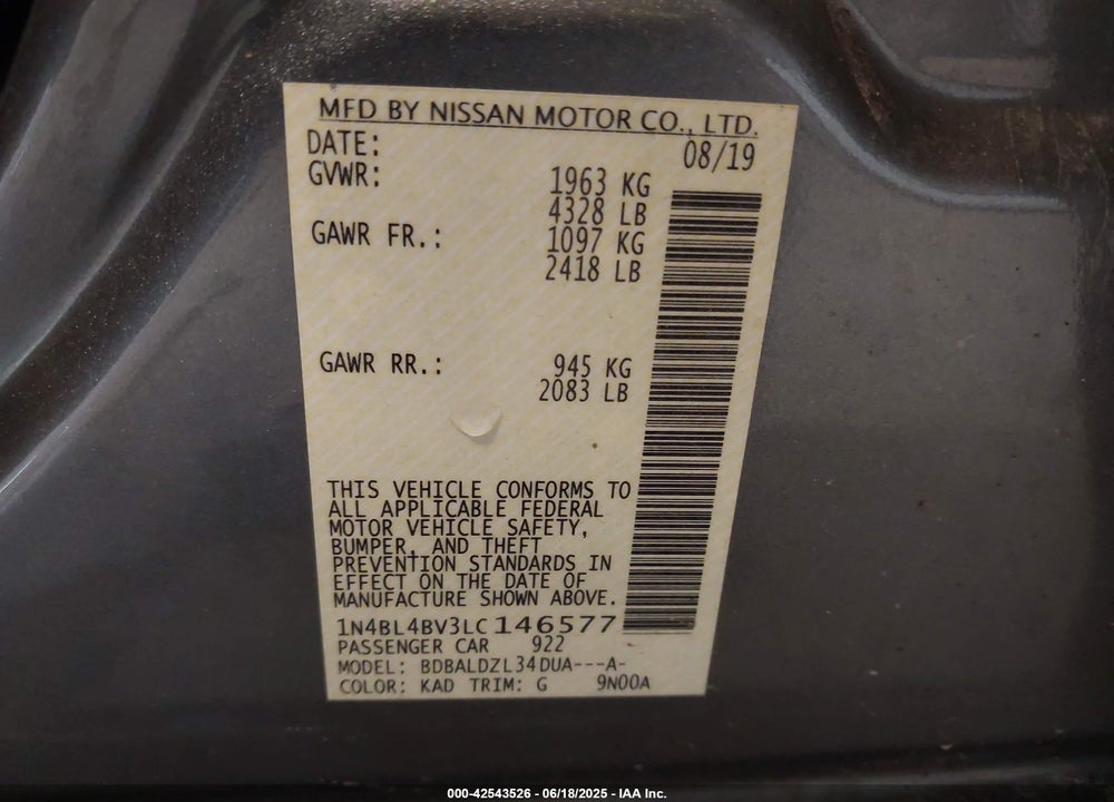 2020 NISSAN ALTIMA VIN: 1N4BL4BV3LC146577